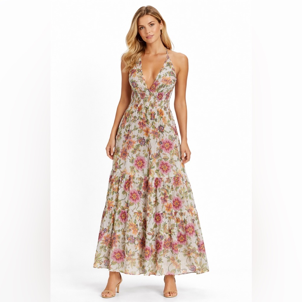MISA Los Angeles Floral Maxi Dress Smocked Waist Halter Neck Tiered Skirt Medium